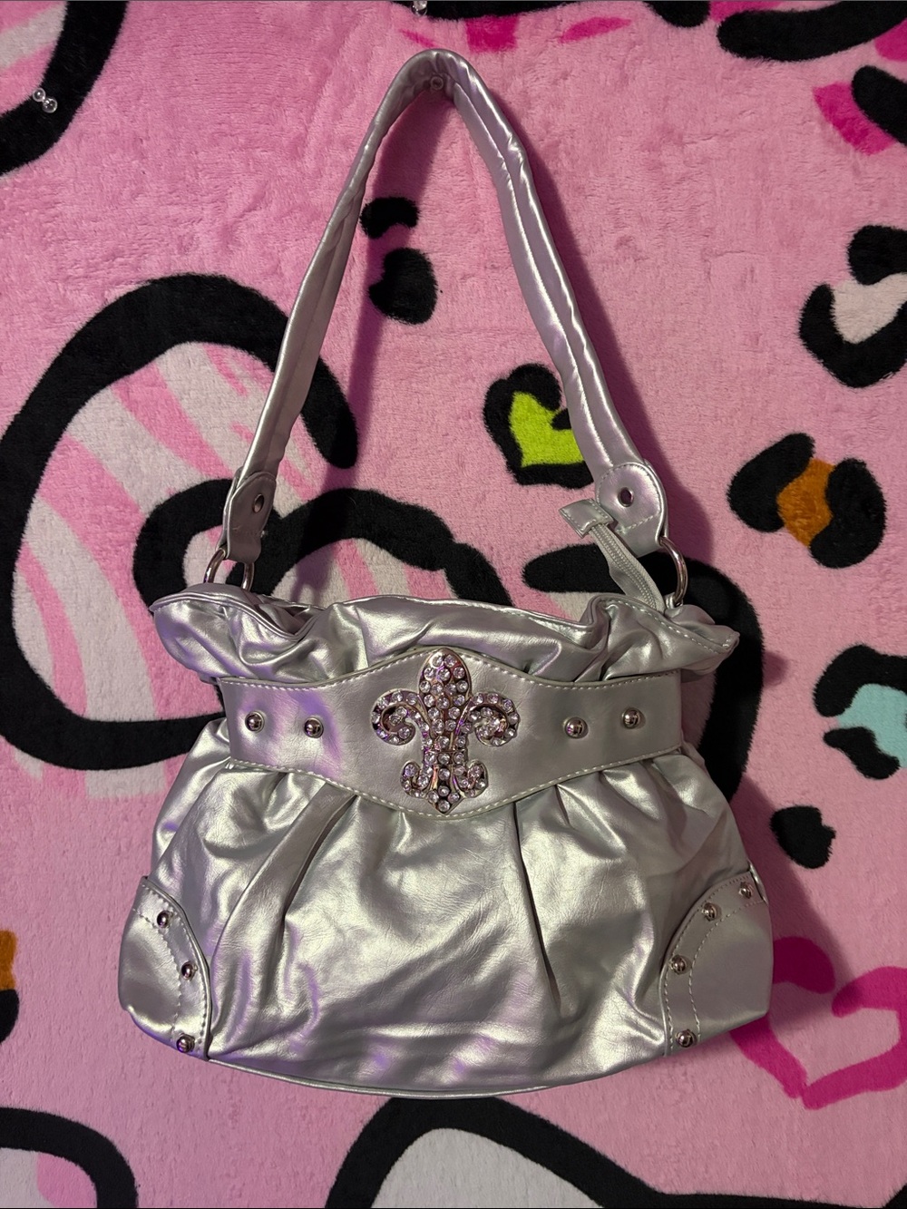 Silver Rhinestone Fleur-de-Lis Shoulder Bag